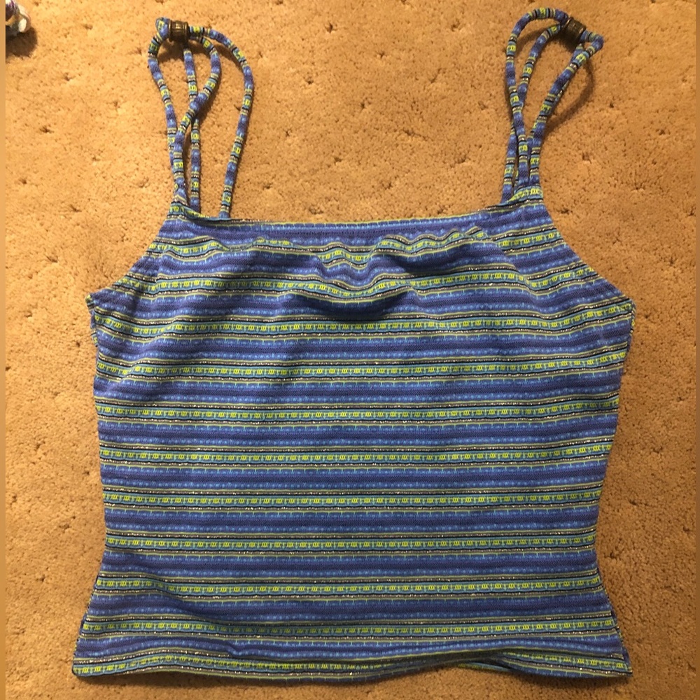Metallic Green Blue Gold Striped Cropped Bathing Suit Top with Beads